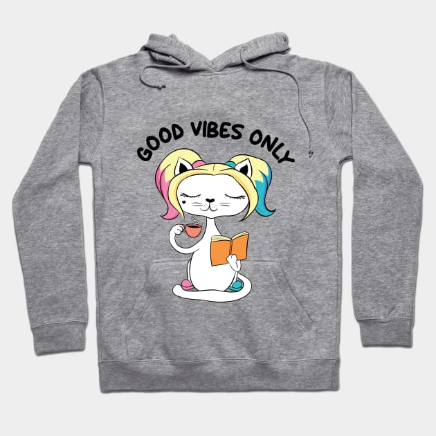 Cute Cat Enjoying Coffee and Reading Book Hoodie by MOmethod